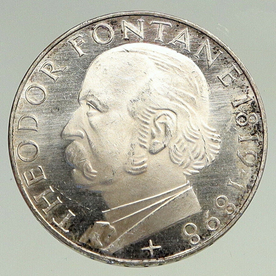 1969 G GERMANY Theodore Fontane Antique Genuine Proof Silver 5 Mark Coin i94520