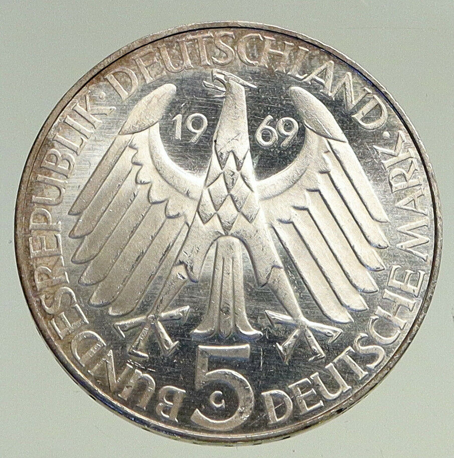 1969 G GERMANY Theodore Fontane Antique Genuine Proof Silver 5 Mark Coin i94520