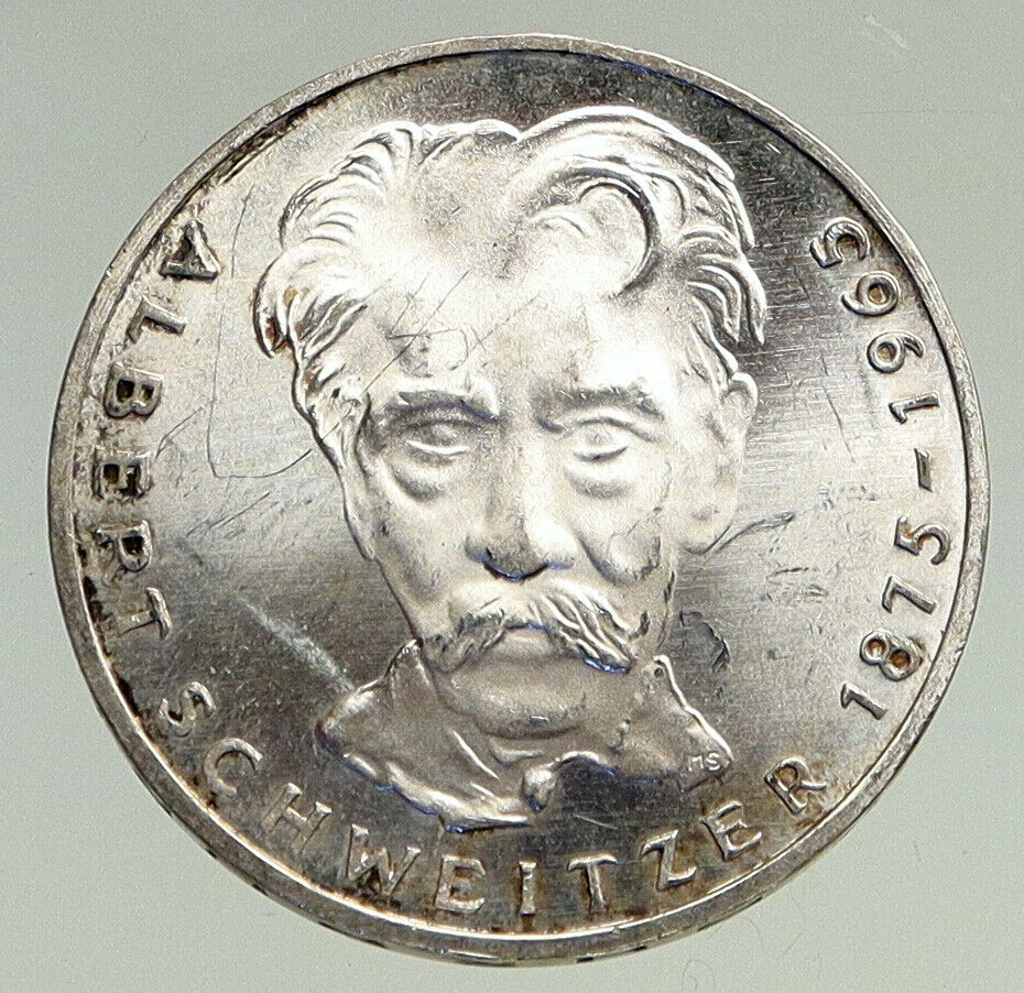 1975 G GERMANY Nobel Prize Hero Albert Schweitzer OLD Silver 5 Mark Coin i94496