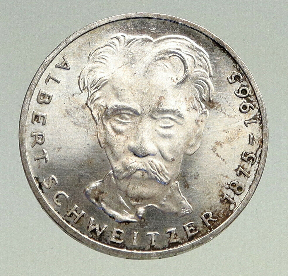 1975G GERMANY Nobel Prize Hero Albert Schweitzer Proof Silver 5 Mark Coin i94491