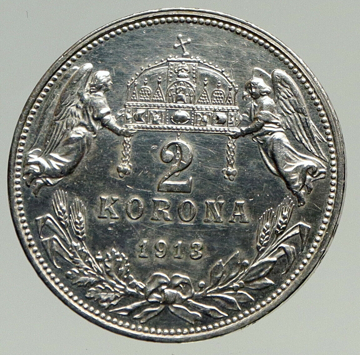 1913 HUNGARY w King Franz Joseph I Hungarian Antique Silver 2 Korona Coin i93431