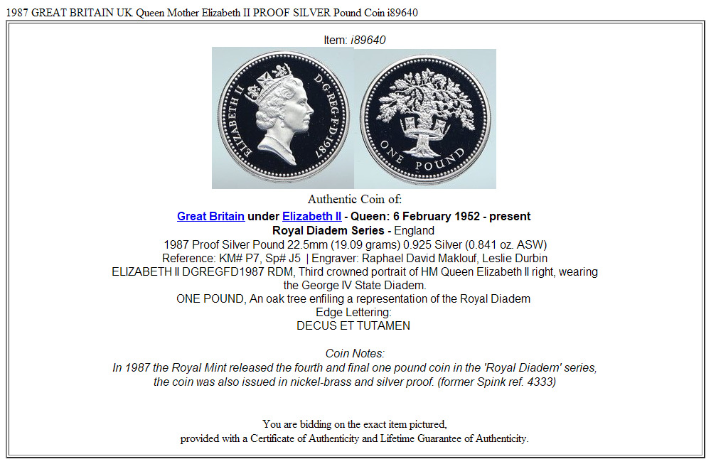 1987 GREAT BRITAIN UK Queen Mother Elizabeth II PROOF SILVER Pound Coin i89640