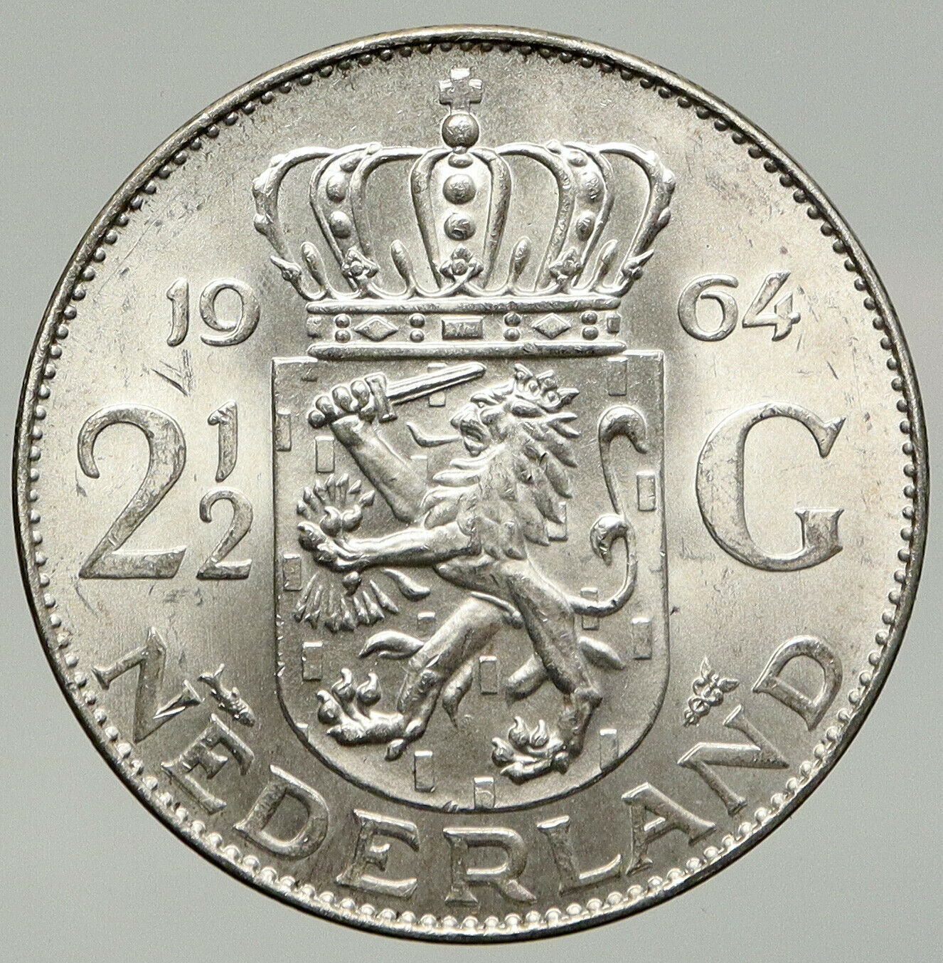 1964 Netherlands Kingdom Queen JULIANA Authentic Silver 2 1/2 Gulden Coin i93349