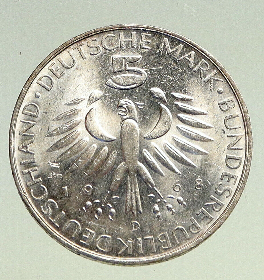 1968 D GERMANY Chemist Hygienist Max Pettenkofer OLD Vintage 5 Mark Coin i94484