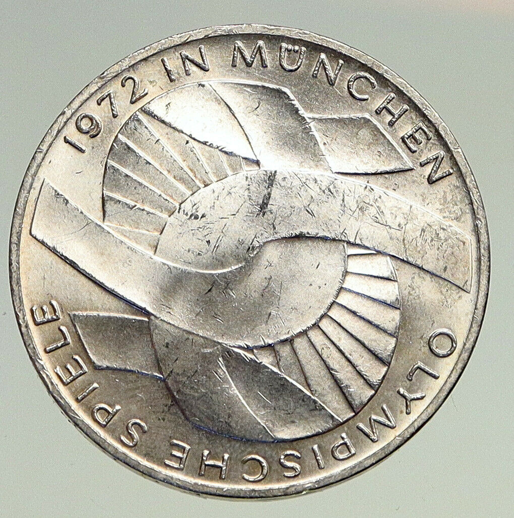 1972 D GERMANY Munich Summer Olympics Games Schleife BU Silver 10 M Coin i94507