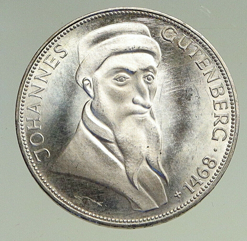 1968G GERMANY Birth Johannes Gutenberg 500 Year Silver 5 Mark German Coin i94506