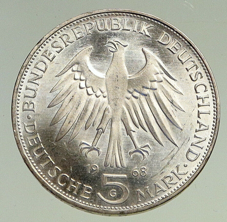 1968G GERMANY Birth Johannes Gutenberg 500 Year Silver 5 Mark German Coin i94506