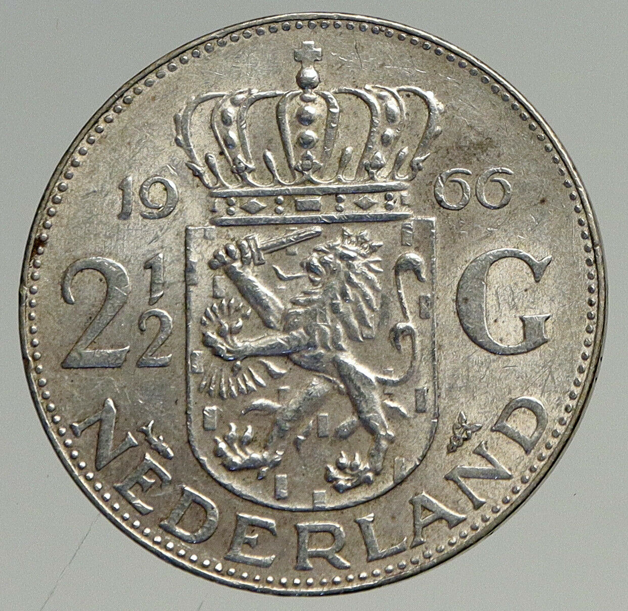 1966 Netherlands Kingdom Queen JULIANA Authentic Silver 2 1/2 Gulden Coin i94601