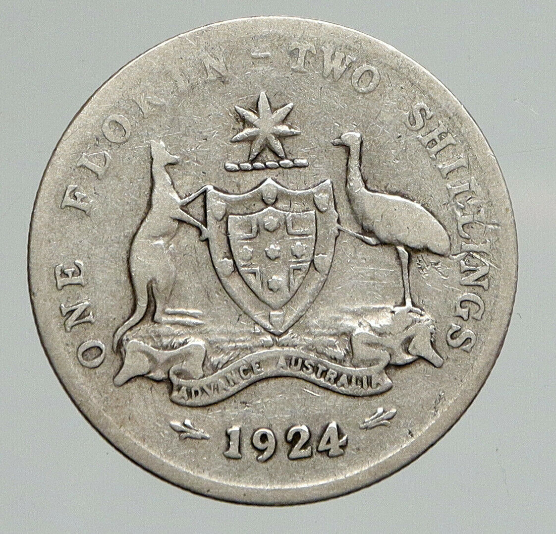 1924 AUSTRALIA UK King George V Kangaroos Old VINTAGE Silver Florin Coin i94609