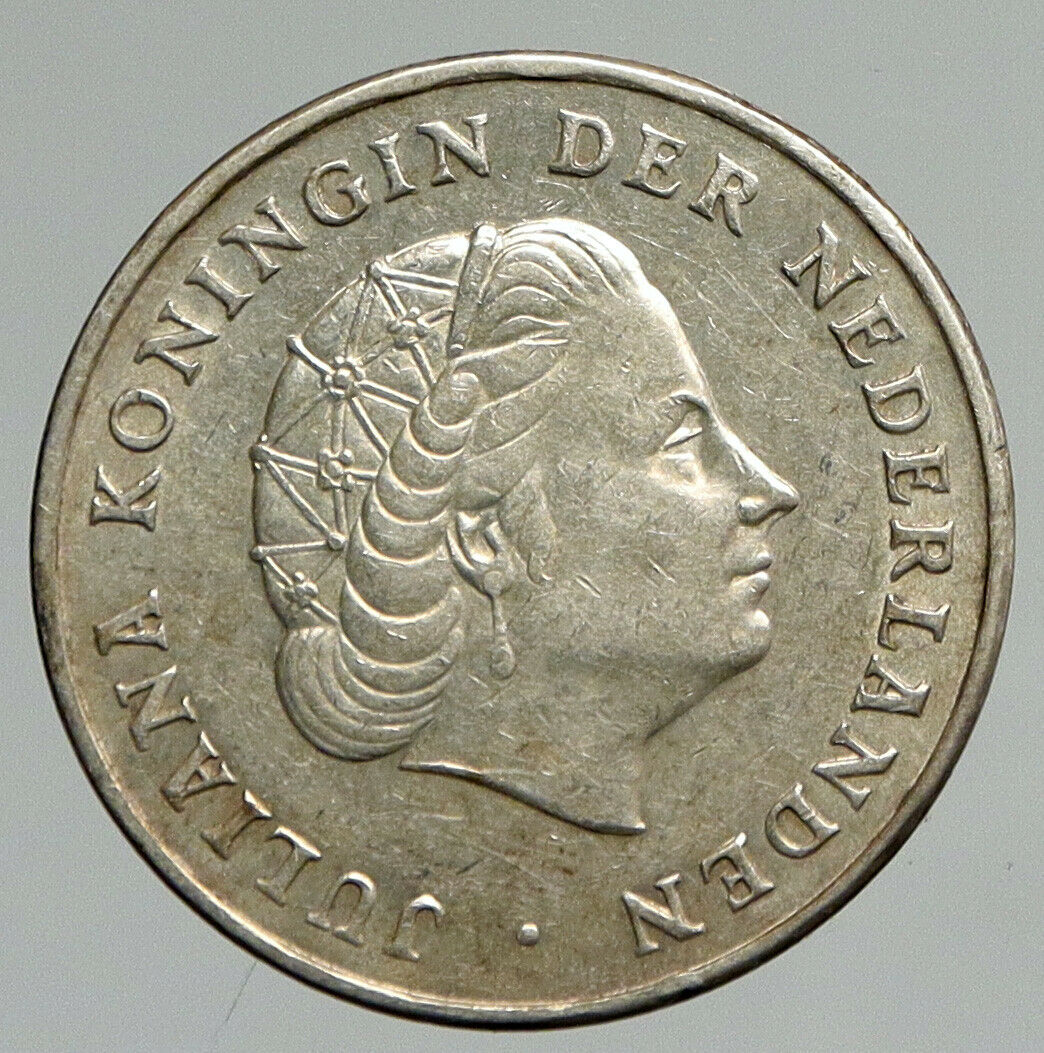 1964 NETHERLANDS ANTILLES Queen JULIANA Vintage SILVER OLD Gulden Coin i94614