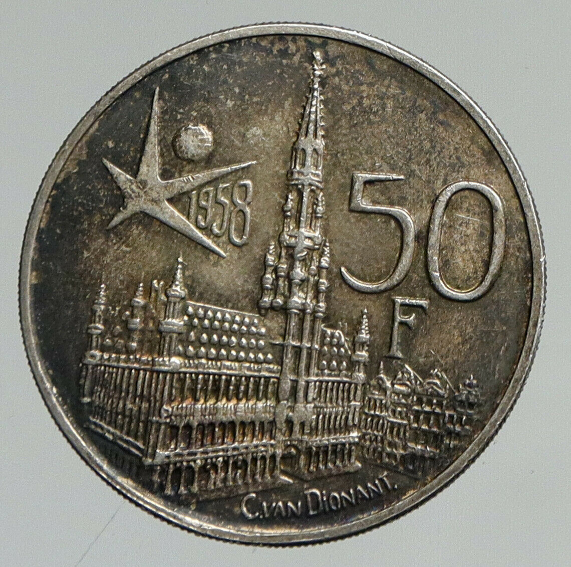 1958 BELGIUM BRUSSELS WORLD's FAIR 58 Baudouin Silver 50 Francs Coin i94615