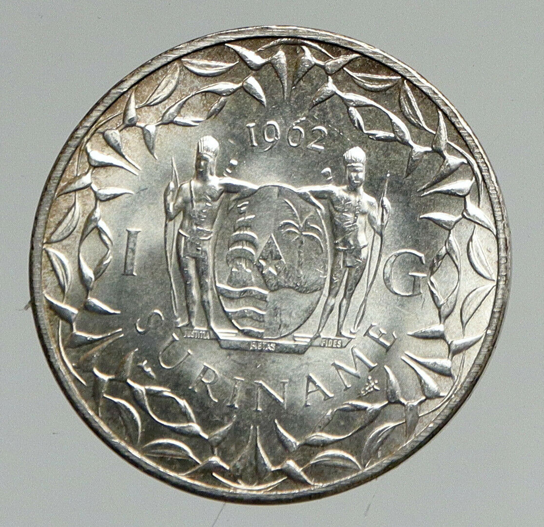 1962 Netherlands Suriname Kingdom Queen JULIANA OLD Silver Gulden Coin i94613