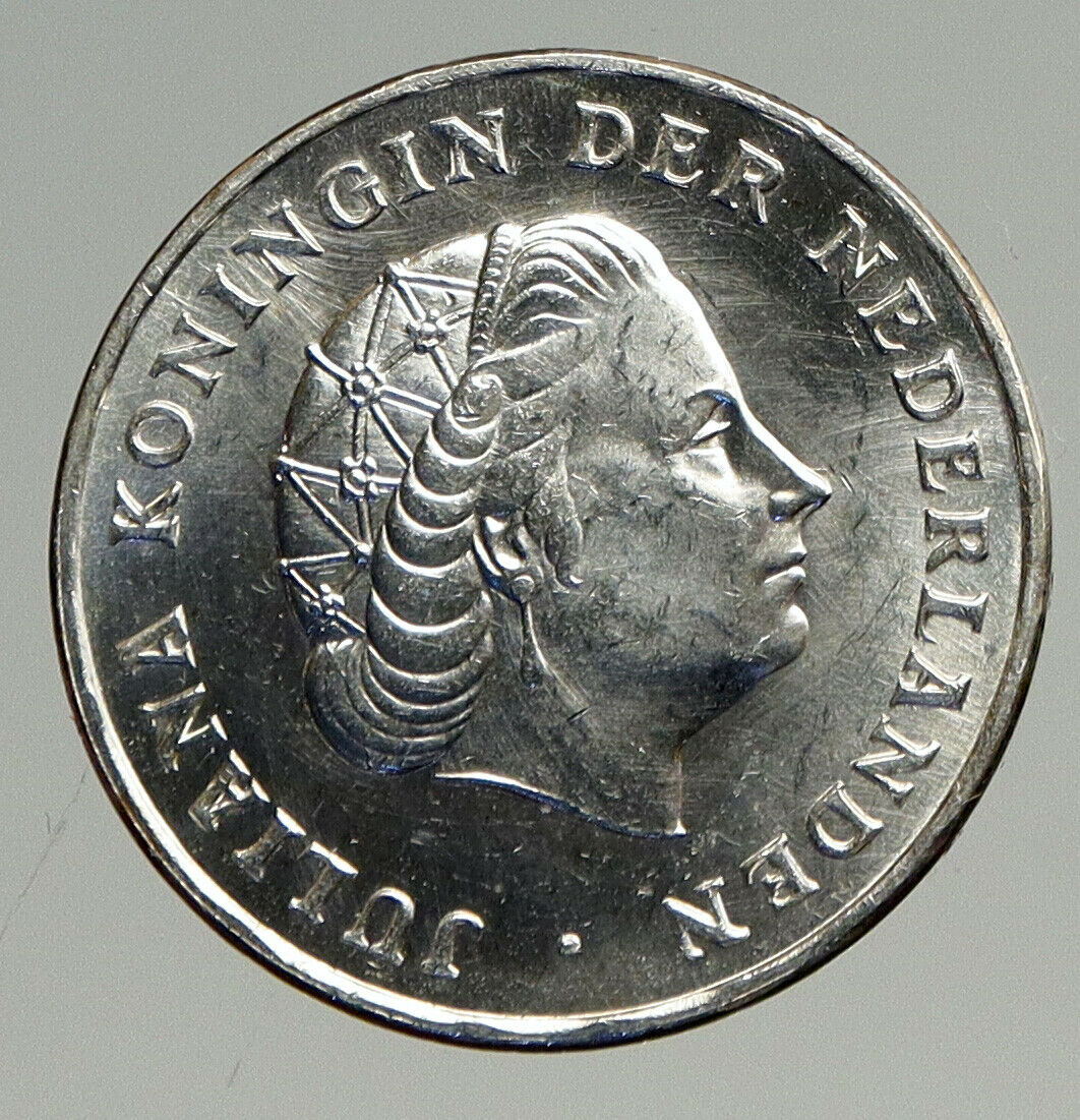 1964 NETHERLANDS ANTILLES Queen JULIANA Vintage SILVER OLD Gulden Coin i94599