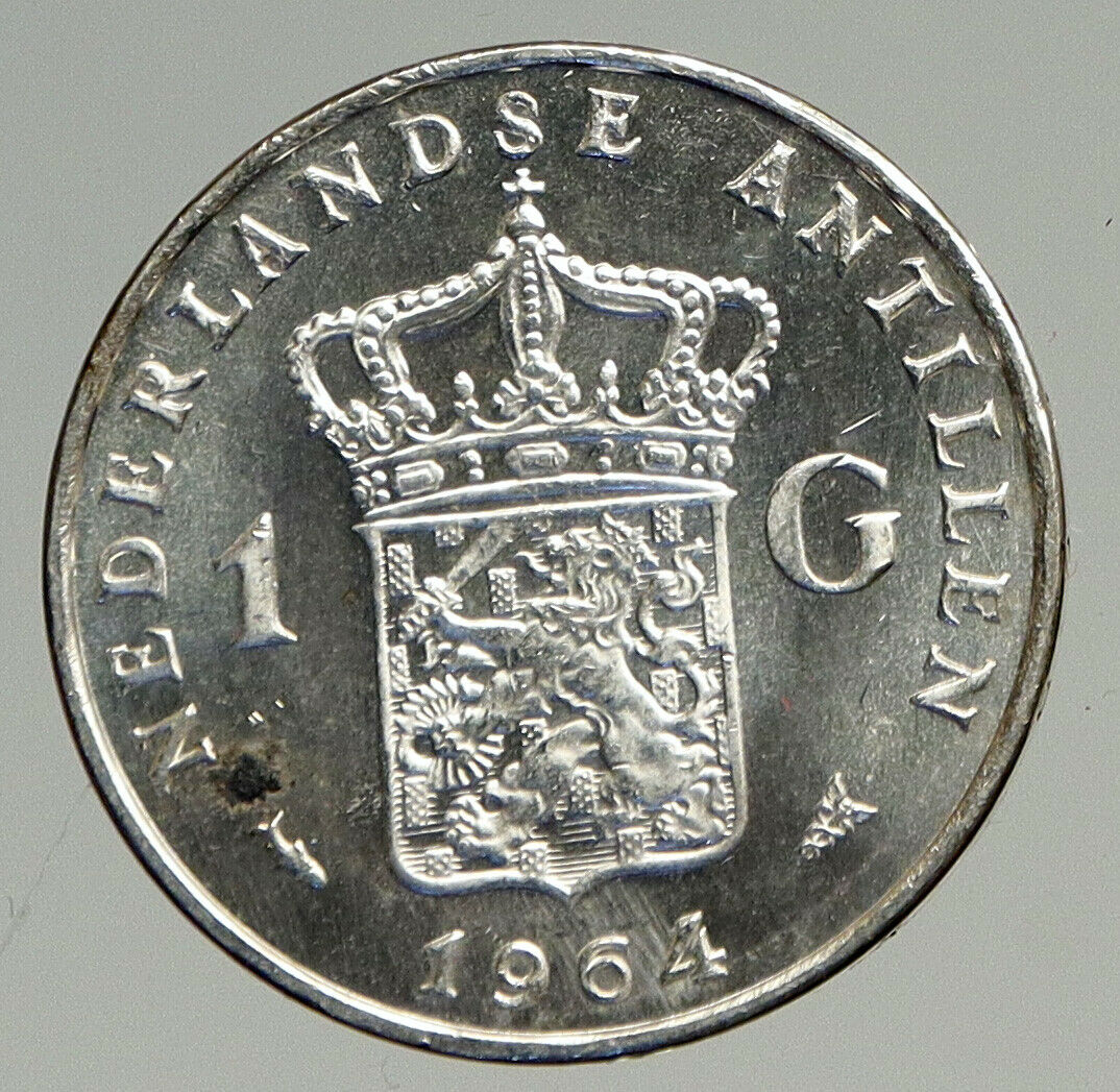 1964 NETHERLANDS ANTILLES Queen JULIANA Vintage SILVER OLD Gulden Coin i94599