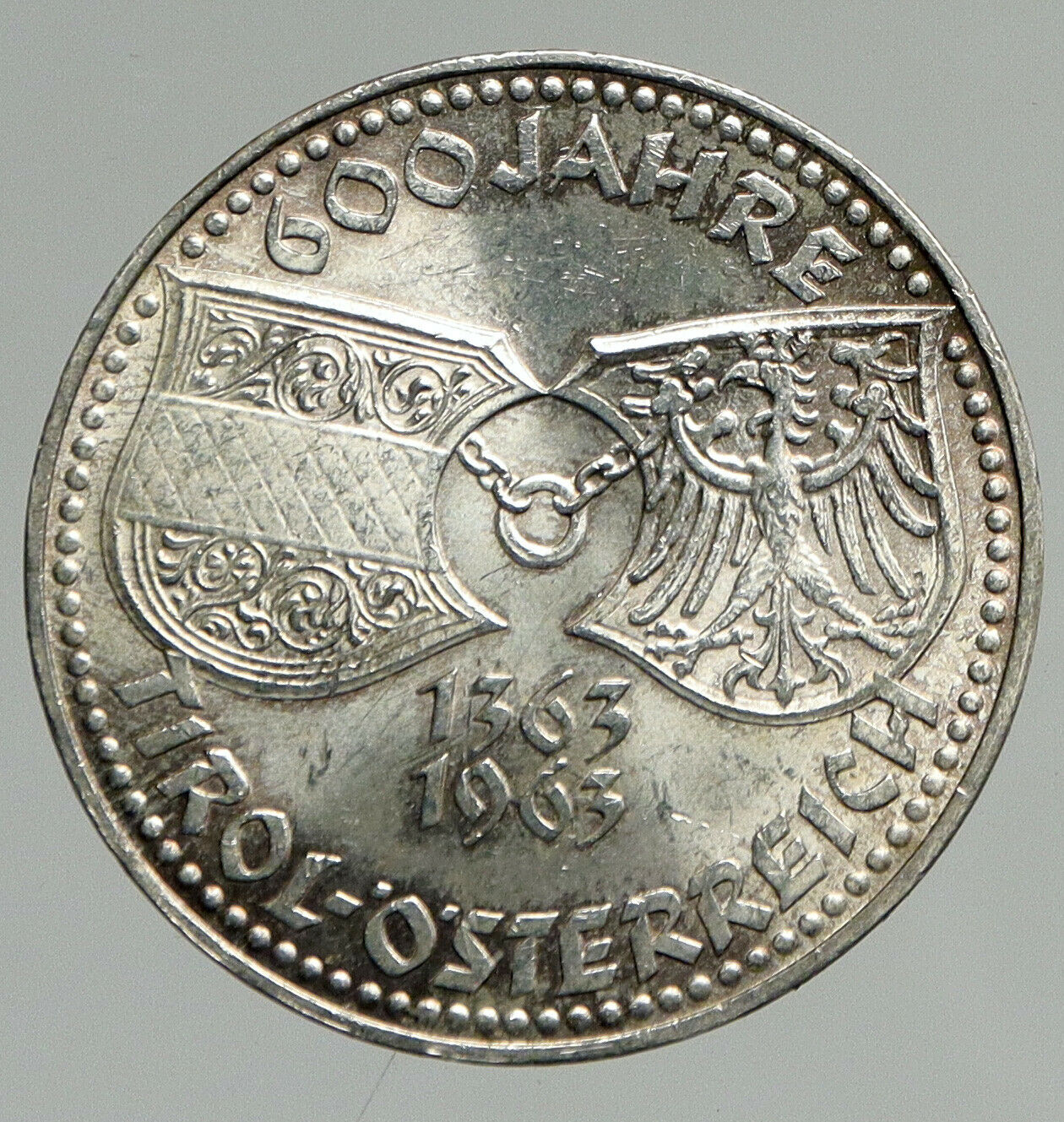 1963 AUSTRIA Tyrol and Austrian Shields ANTIQUE Silver 50 Shilling Coin i94627