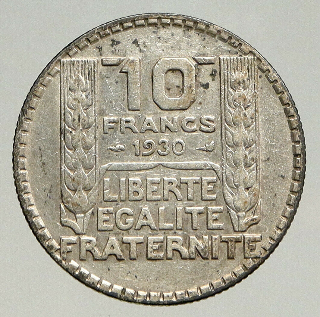 1930 FRANCE w Marianne FRENCH MOTTO Antique VINTAGE Silver 10 Francs Coin i94074