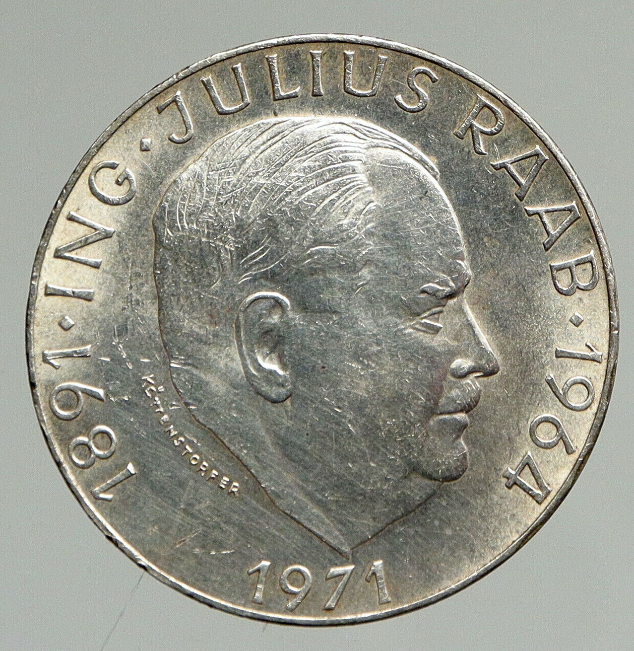 1971 AUSTRIA with Politician Julius Raab Antique Silver 50 Schilling Coin i94634