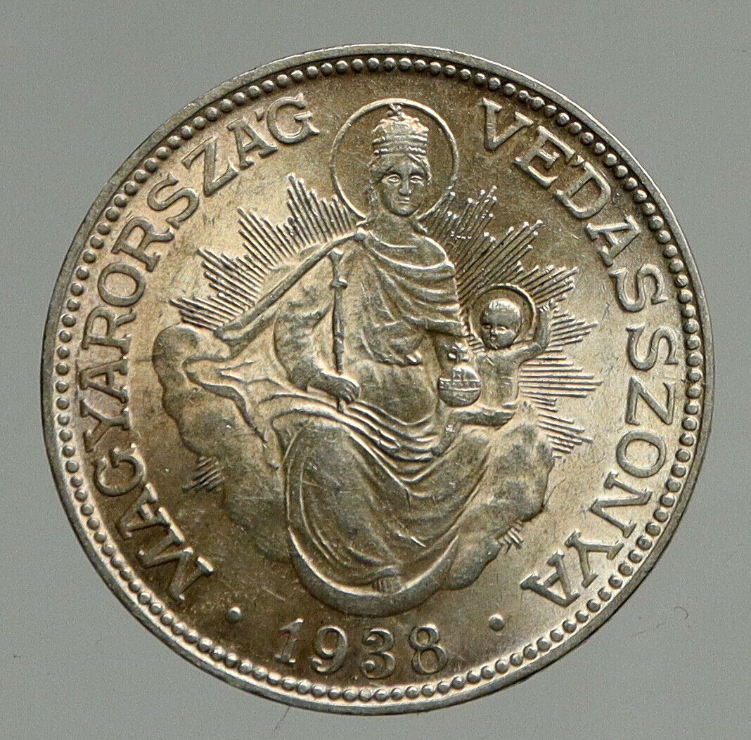 1938 HUNGARY Miklós Horthy MADONNA CHILD Antique OLD Silver 2 Pengo Coin i94653