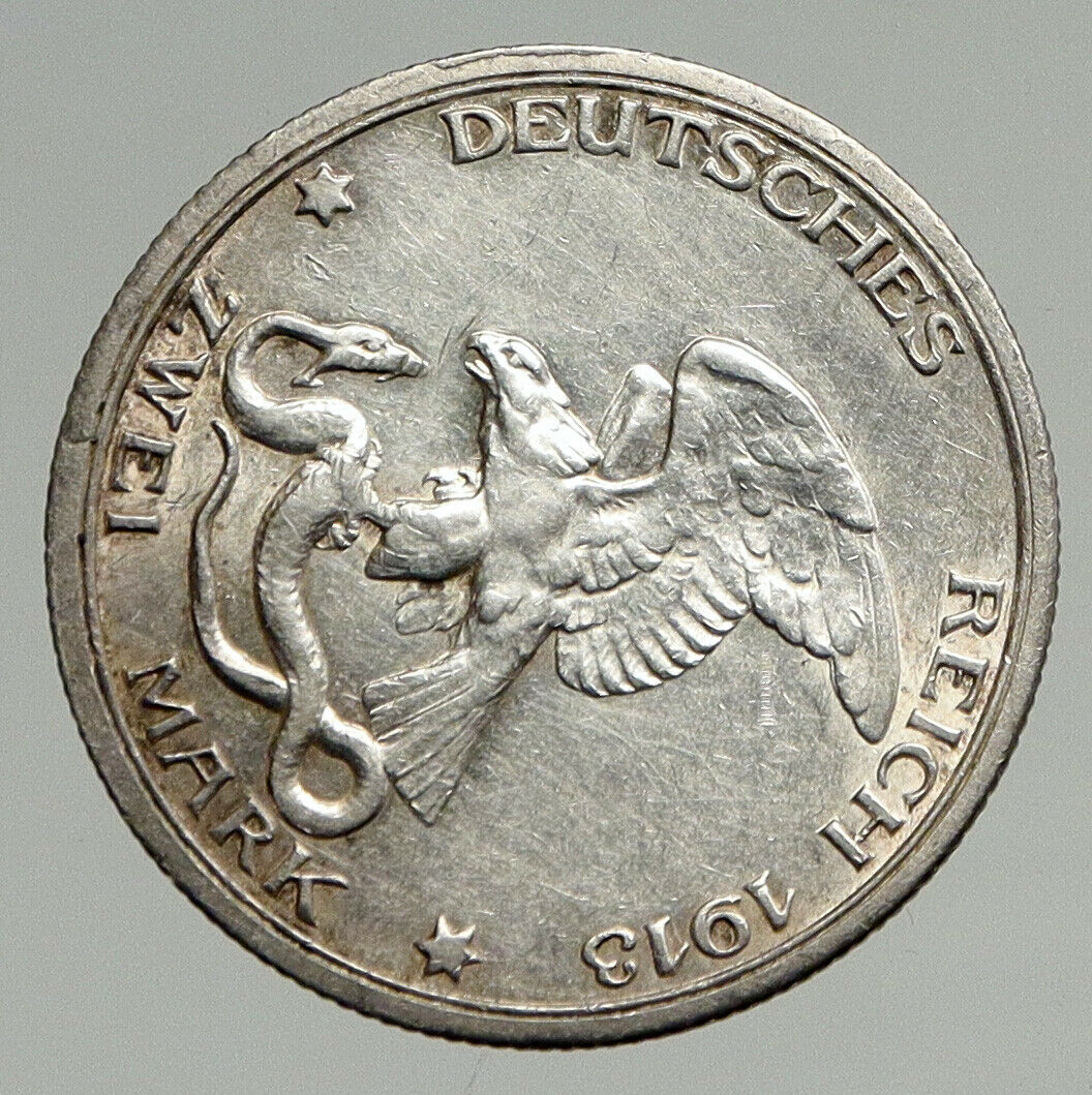 1913 PRUSSIA KINGDOM Germany WILHELM II Antique Silver 2 Mark German Coin i94644