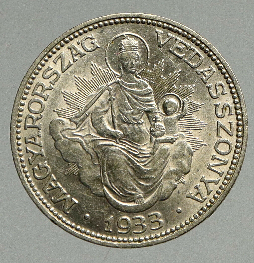 1933 HUNGARY Miklós Horthy MADONNA CHILD Antique OLD Silver 2 Pengo Coin i94656