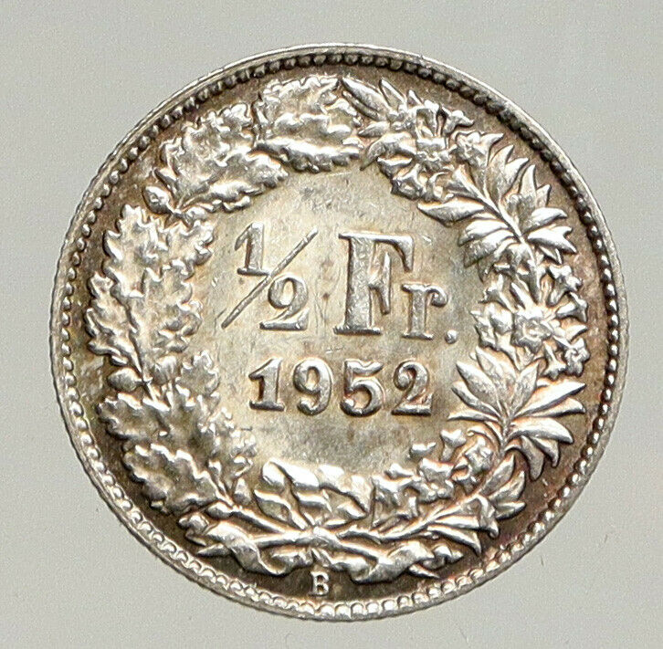 1952B SWITZERLAND HELVETIA Symbolizes SWISS Nation SILVER 1/2 Francs Coin i94072