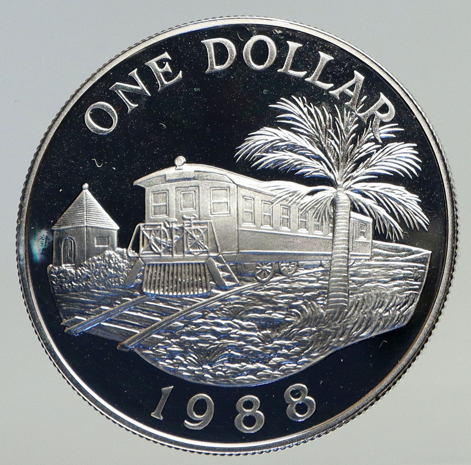 1988 Bermuda UK Elizabeth II Rail Car of Train Palm Silver 1 Dollar Coin i93434