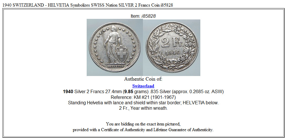 1940 SWITZERLAND - HELVETIA Symbolizes SWISS Nation SILVER 2 Francs Coin i85828