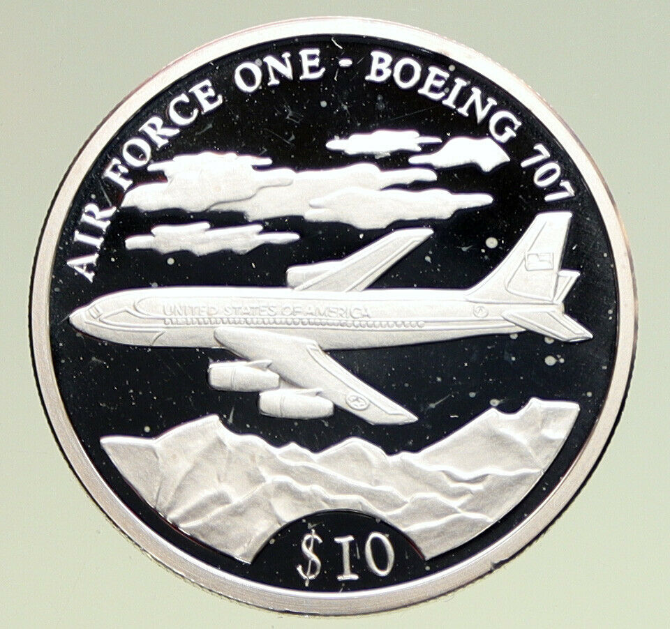 2000 LIBERIA USA Air Force One BOEING 707 Old Proof Silver $10 Coin i94918