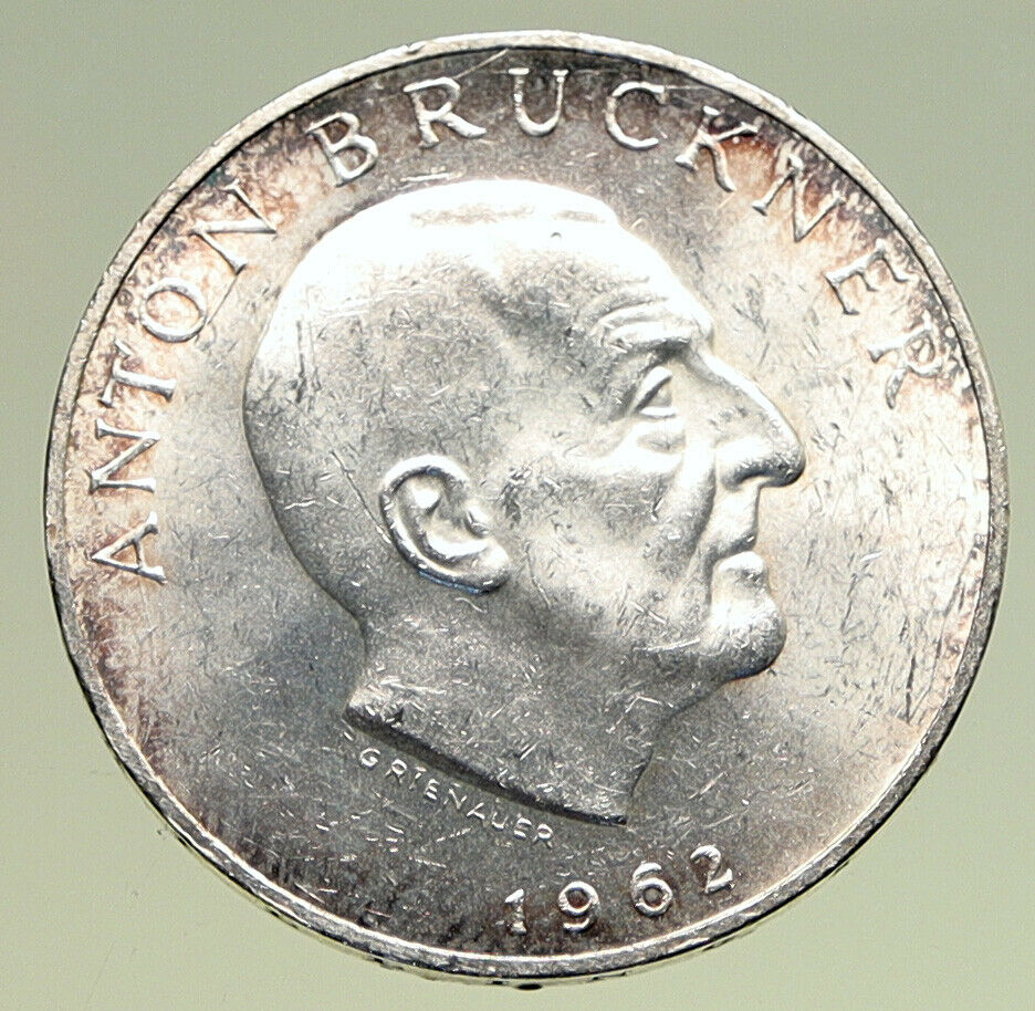 1962 AUSTRIA Composer ANTON BRUCKNER Old Antique Silver 25 Schilling Coin i94923