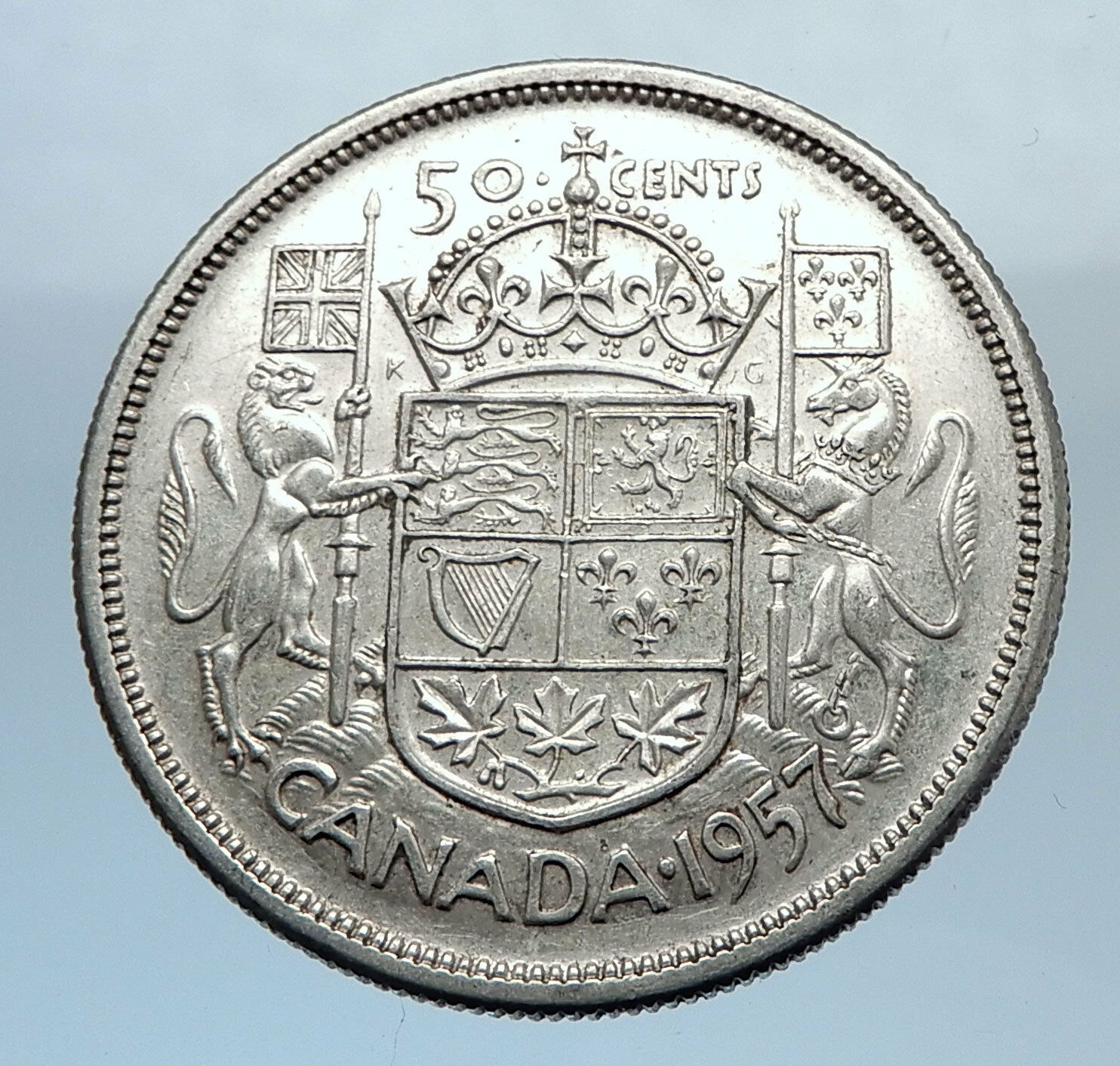 1957 CANADA Large SILVER 50 Cents Coin UK Queen Elizabeth II Coat-of-Arms i71921