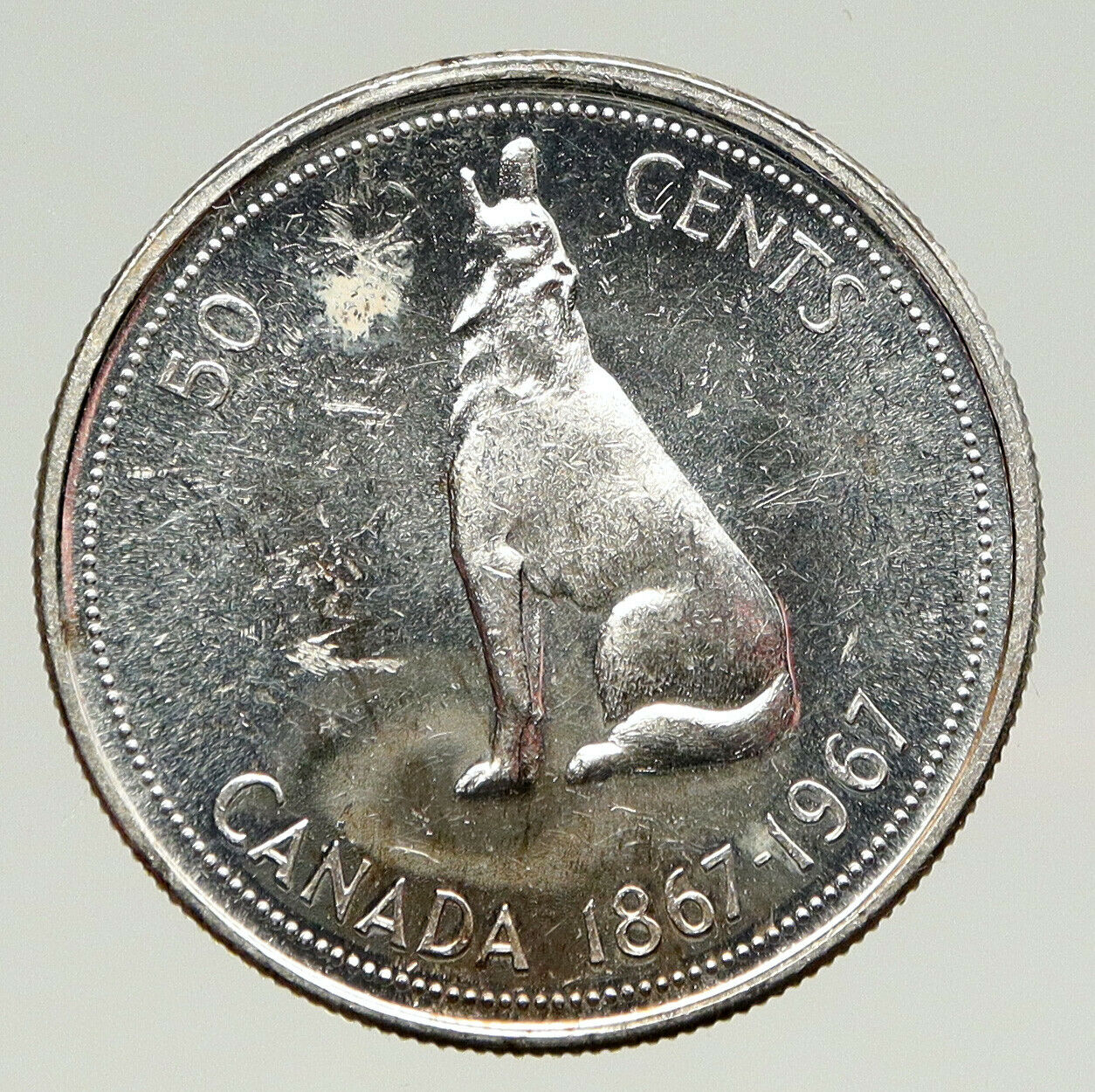 1967 CANADA UK Queen ELIZABETH II Wolf Howls Vintage Silver 50 Cents Coin i93358