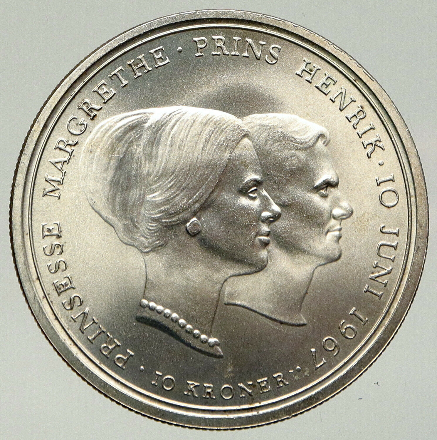 1967 DENMARK Marriage of Princess Margrethe II HUGE Silver 10 Kroner Coin i93362