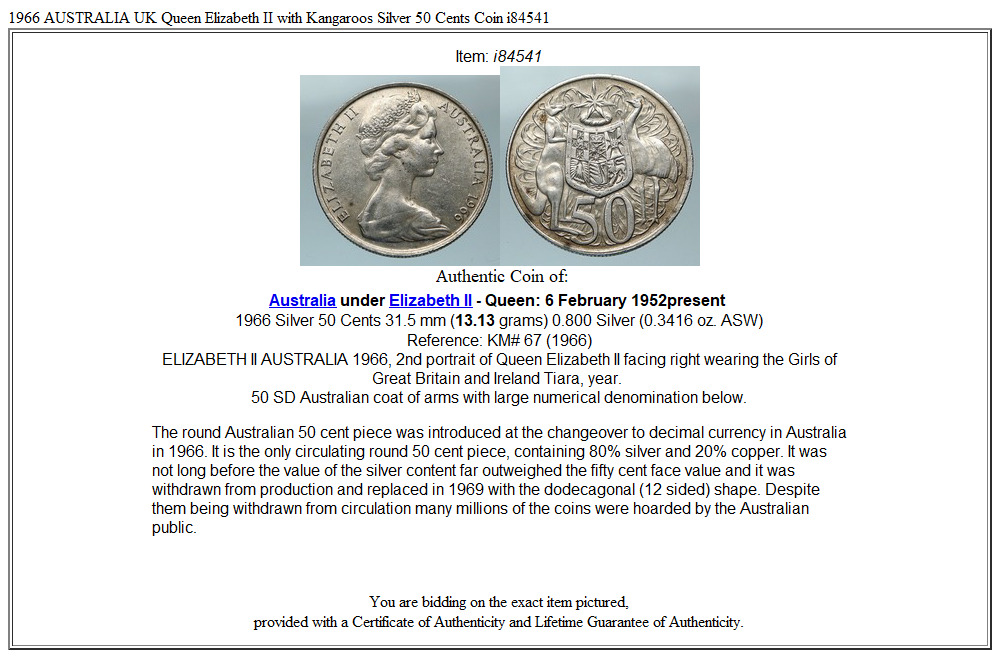 1966 AUSTRALIA UK Queen Elizabeth II with Kangaroos Silver 50 Cents Coin i84541