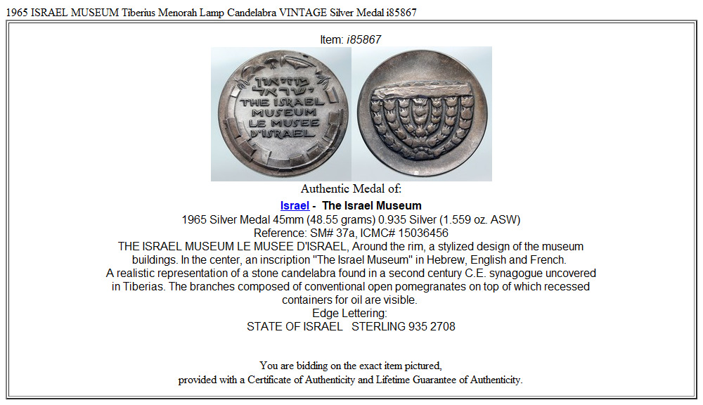 1965 ISRAEL MUSEUM Tiberius Menorah Lamp Candelabra VINTAGE Silver Medal i85867