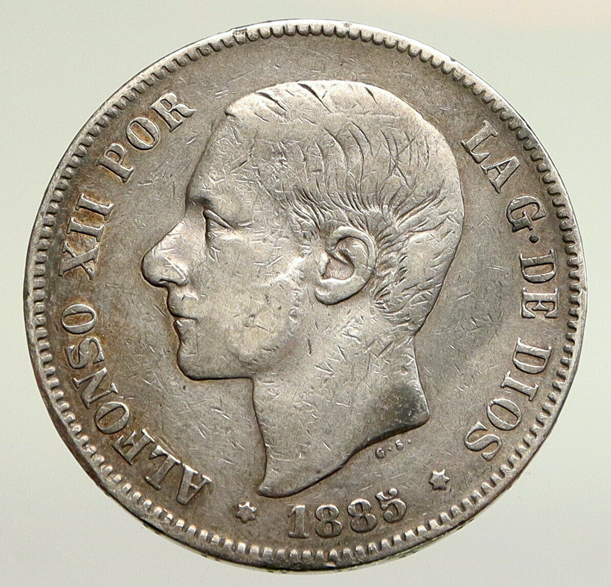 1885 SPAIN w King ALFONSO XII Antique OLD SPANISH Silver 5 Pesetas Coin i94843