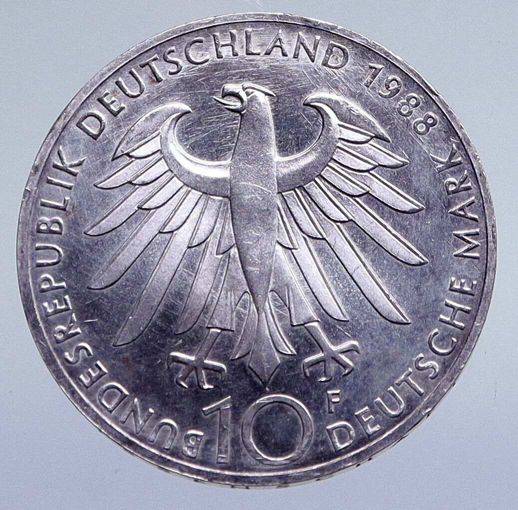 1988 F GERMANY Carl Zeiss Lens Genuine Antique Silver 10 Mark German Coin i94848