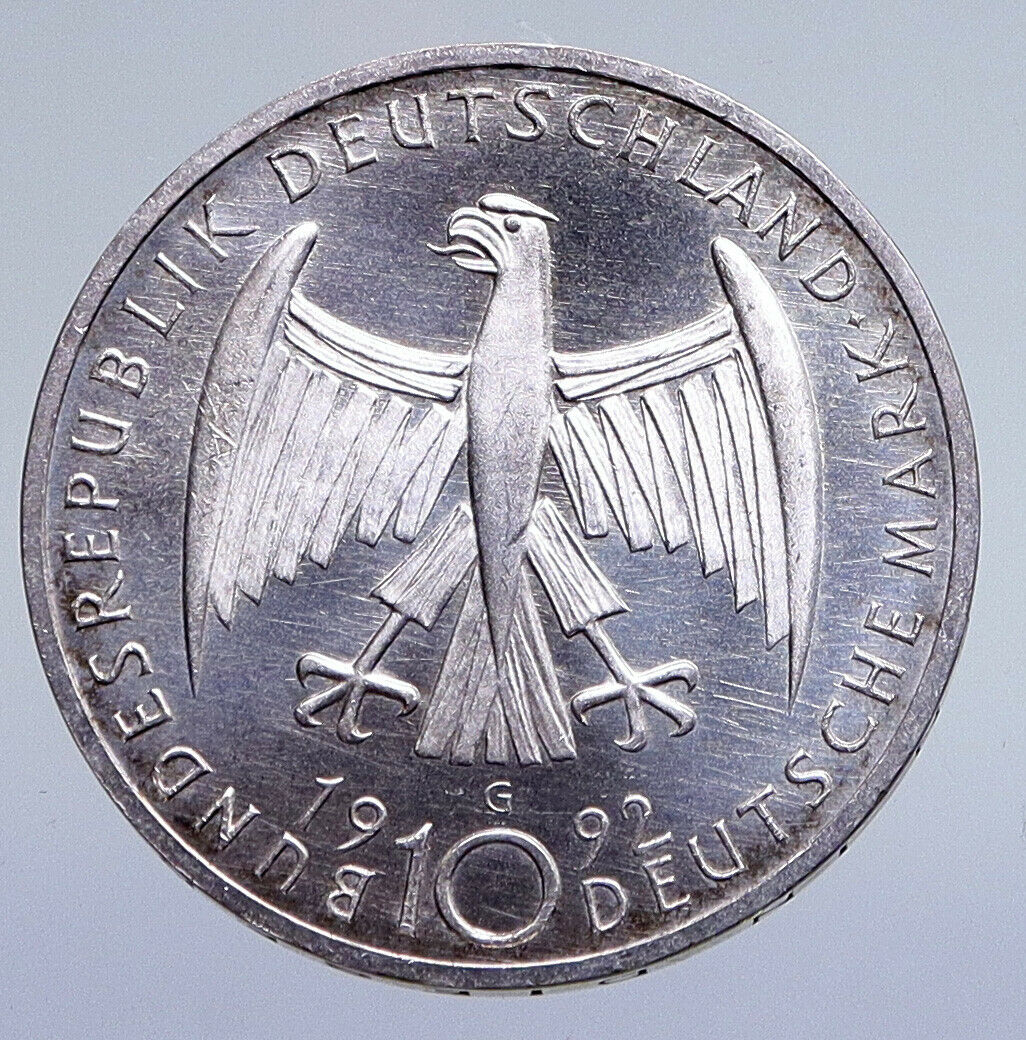 1992 G GERMANY Artist Sculptor Kathe Kollwitz Silver German 10 Mark Coin i94853