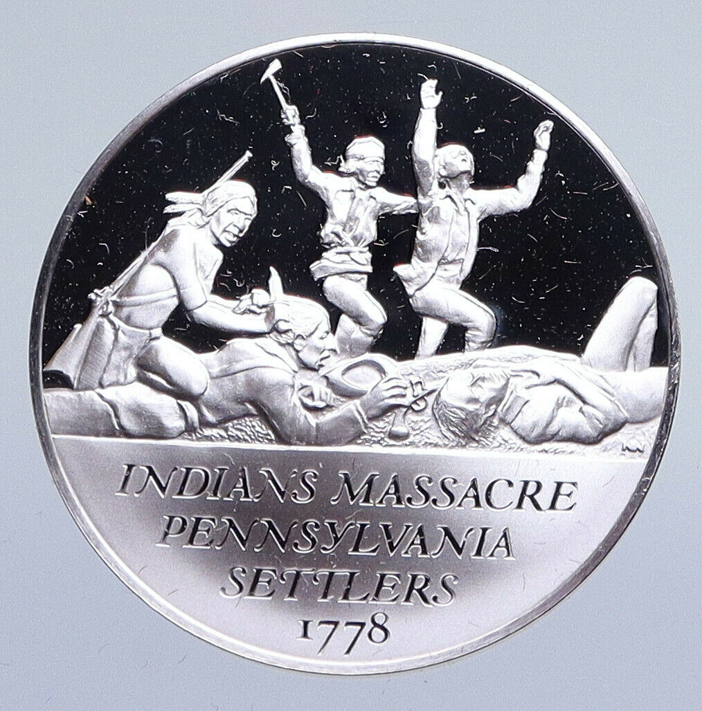 1970 United States REVOLUTION INDIANS MASSACRE SETTLER Proof Silver Medal i94880