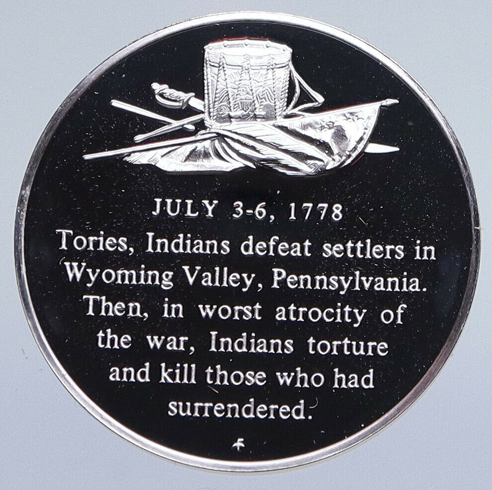 1970 United States REVOLUTION INDIANS MASSACRE SETTLER Proof Silver Medal i94880