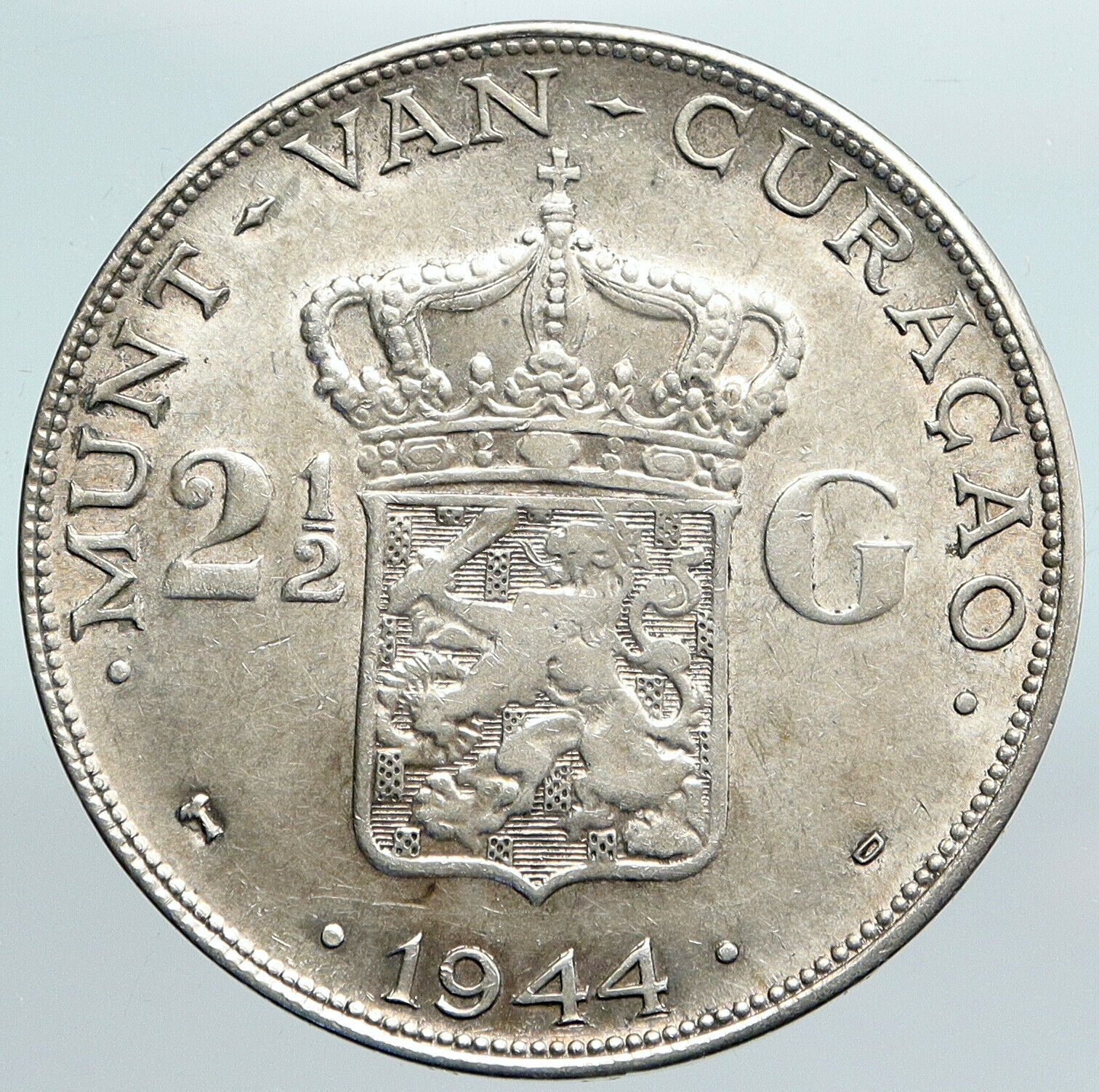 1944 CURACAO Netherlands Kingdom WILHELMINA Old Silver 2 1/2 Gulden Coin i89995