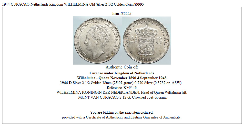 1944 CURACAO Netherlands Kingdom WILHELMINA Old Silver 2 1/2 Gulden Coin i89995