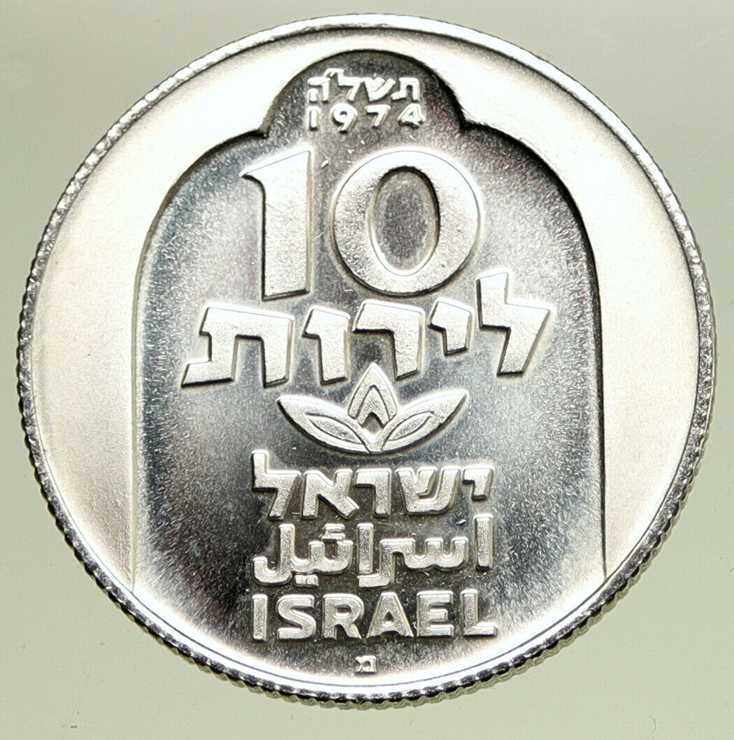 1974 ISRAEL Jewish DAMASCUS LAMP Hannukah Menorah PROOF Silver 10L Coin i95040