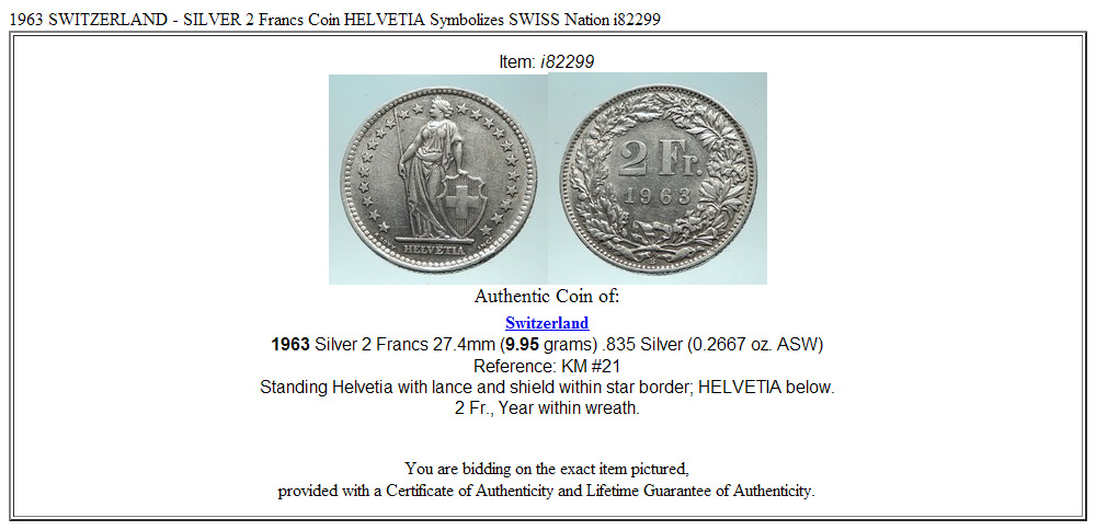 1963 SWITZERLAND - SILVER 2 Francs Coin HELVETIA Symbolizes SWISS Nation i82299