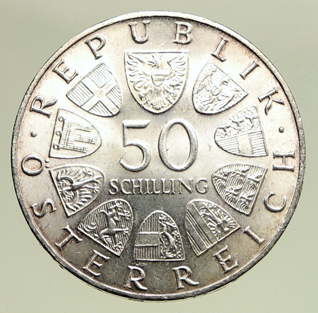 1966 AUSTRIA National Bank Building BU Silver 50 Shillings Austrian Coin i95055