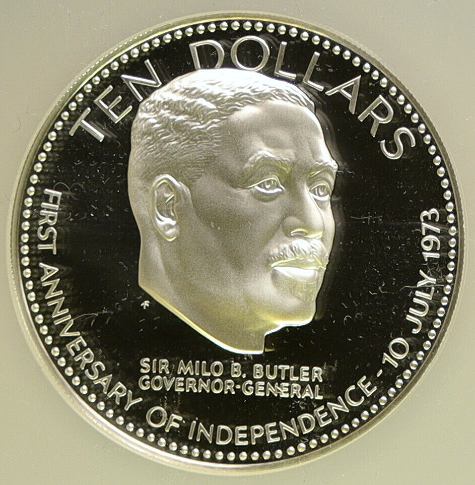 1974 BAHAMAS Large Independence Milo Butler OLD Proof Silver $10 NGC Coin i95021