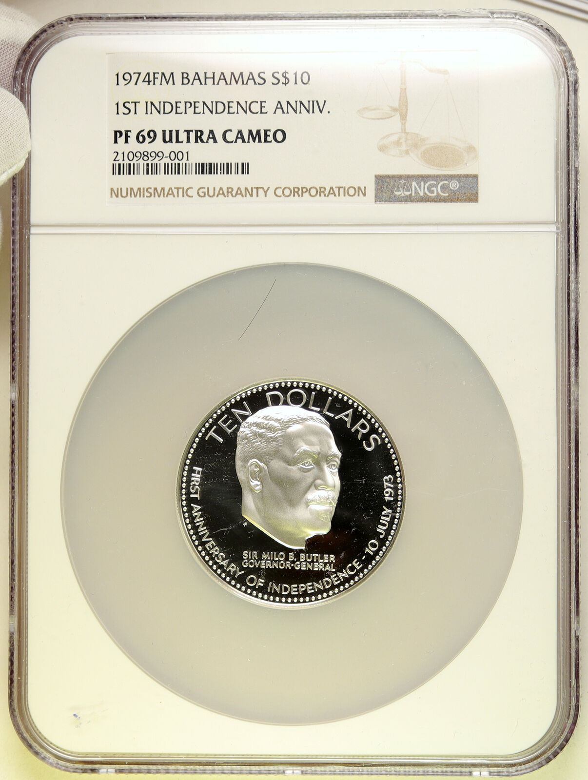 1974 BAHAMAS Large Independence Milo Butler OLD Proof Silver $10 NGC Coin i95021