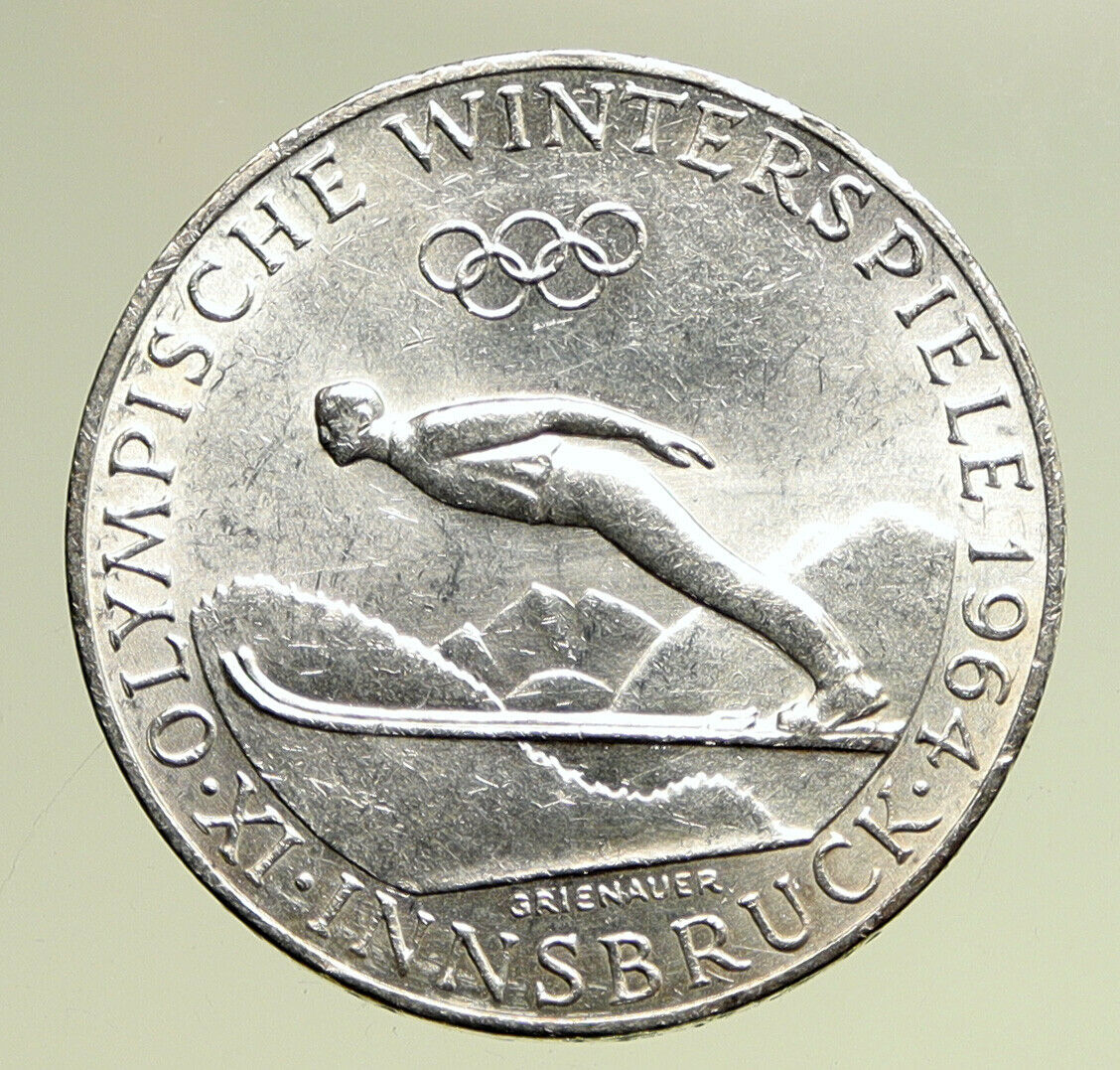 1964 AUSTRIA Innsbruck Winter Olympics SKIING Silver 50 Schillings Coin i95061