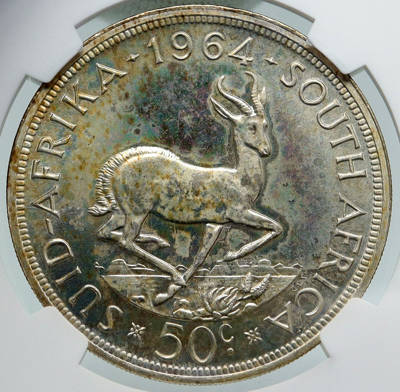 1964 SOUTH AFRICA Founder Jan van Riebeeck Deer OLD Silver 50Cnt Coin NGC i86973