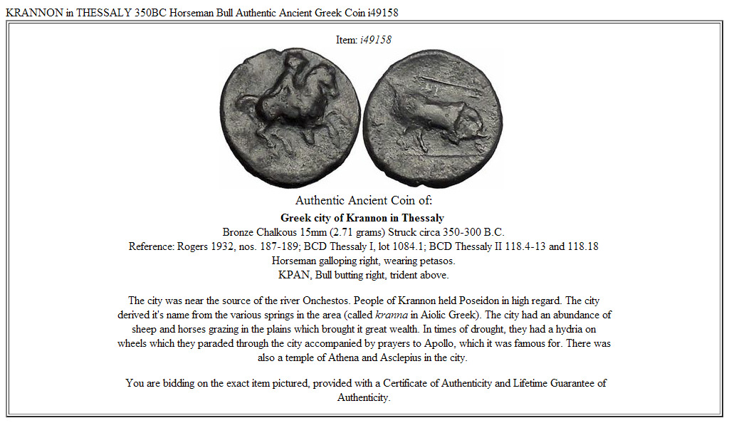 KRANNON in THESSALY 350BC Horseman Bull Authentic Ancient Greek Coin i49158