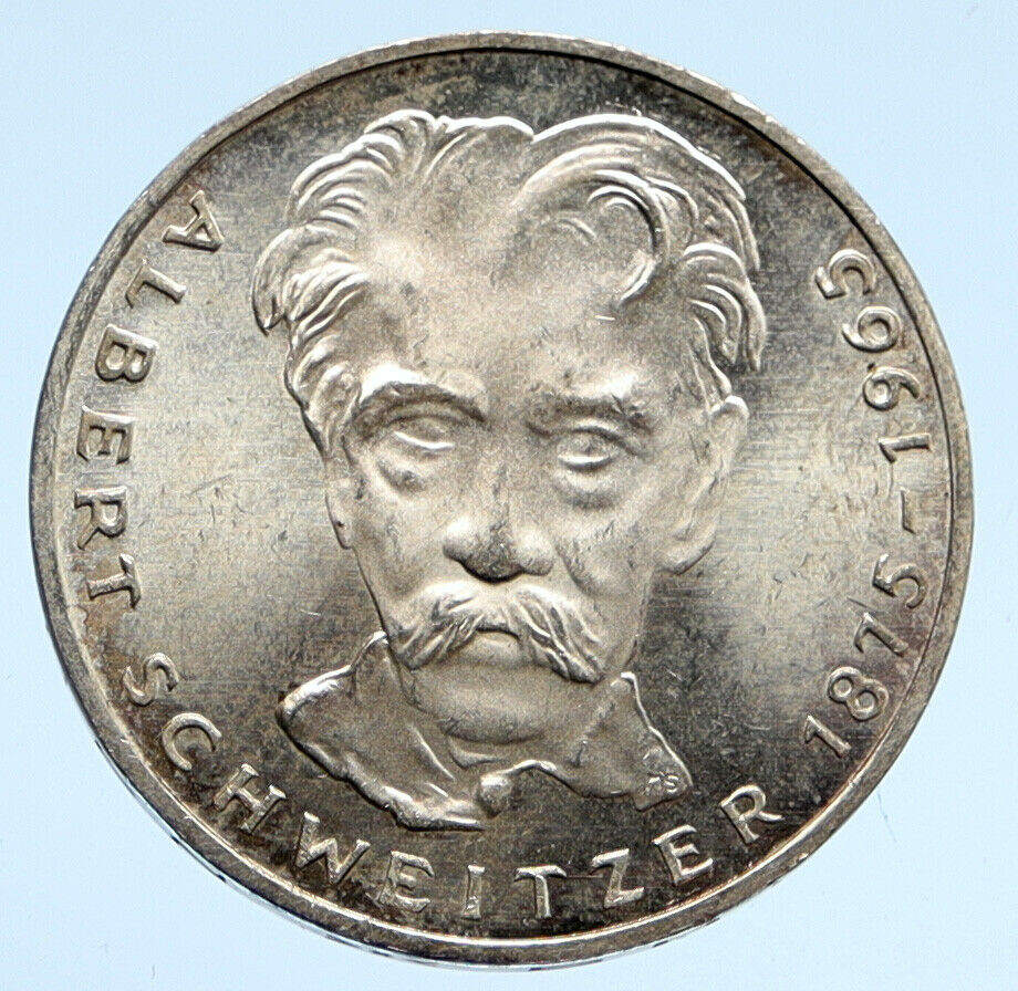 1975 G GERMANY Nobel Prize Hero Albert Schweitzer OLD Silver 5 Mark Coin i94545